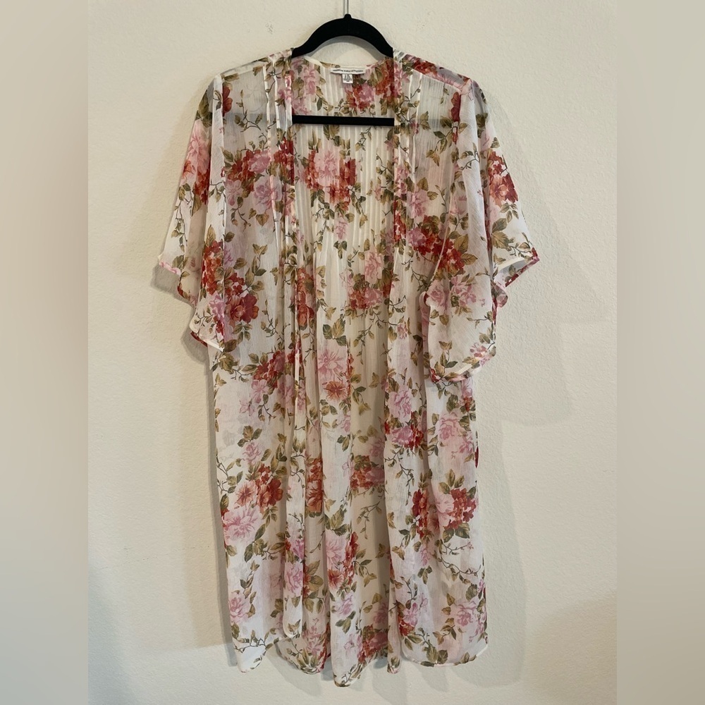 American Eagle Women Boho Cardigan XL White Ditsy Floral Open Front Longline